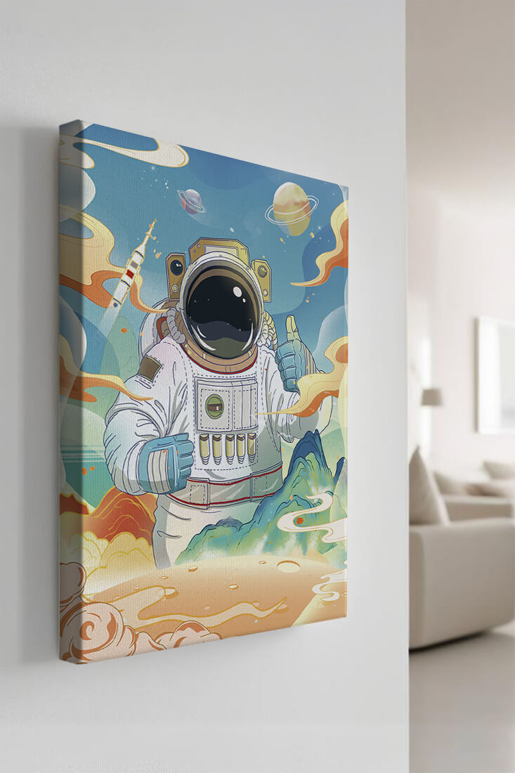Colorful illustration of an astronaut in space with planets and rocket
