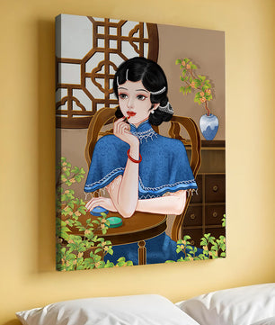 Elegant Woman in Traditional Chinese Setting with Blue Cape and Intricate Decor