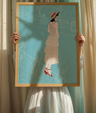 Stylish woman in polka dot dress with hat in modern abstract scene