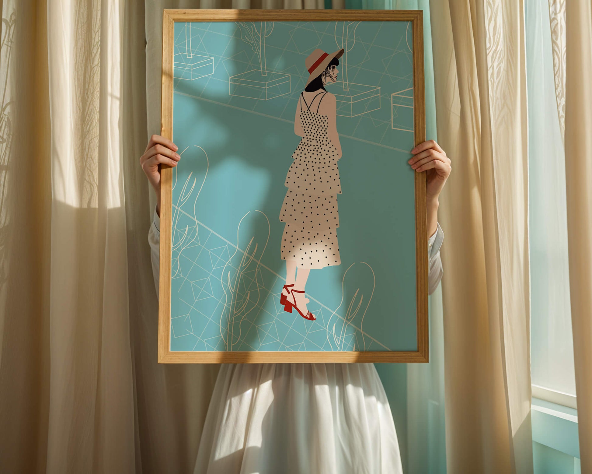 Stylish woman in polka dot dress with hat in modern abstract scene