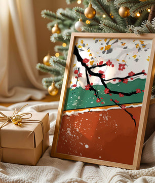 Artistic depiction of blossom branches with gold elements and abstract background