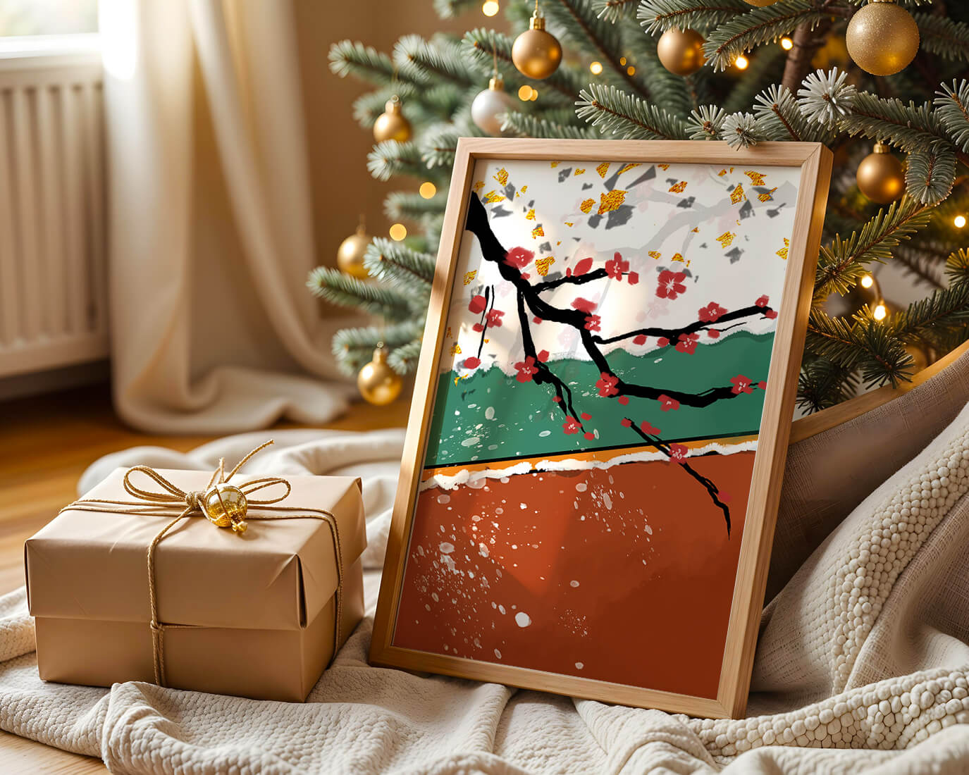Artistic depiction of blossom branches with gold elements and abstract background