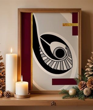 Arte geométrico abstracto con motivo de ojo y detalles dorados