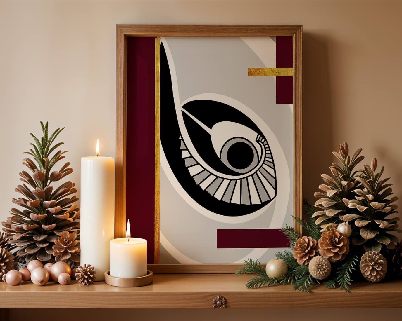 Arte geométrico abstracto con motivo de ojo y detalles dorados