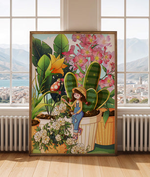 Charmante scène de jardin avec une jeune fille et des fleurs éclatantes