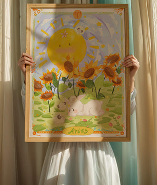 Ilustración encantadora de Aries con animales juguetones y girasoles