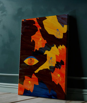 Abstract colorful artwork with eye and silhouettes