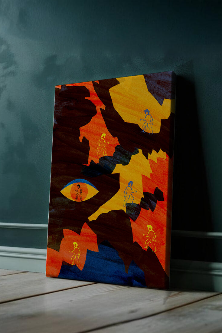 Abstract colorful artwork with eye and silhouettes
