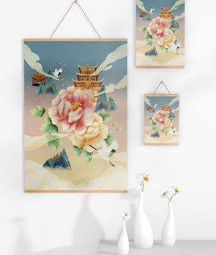 Elegant Asian Landscape With Pagoda, Cranes, and Peonies