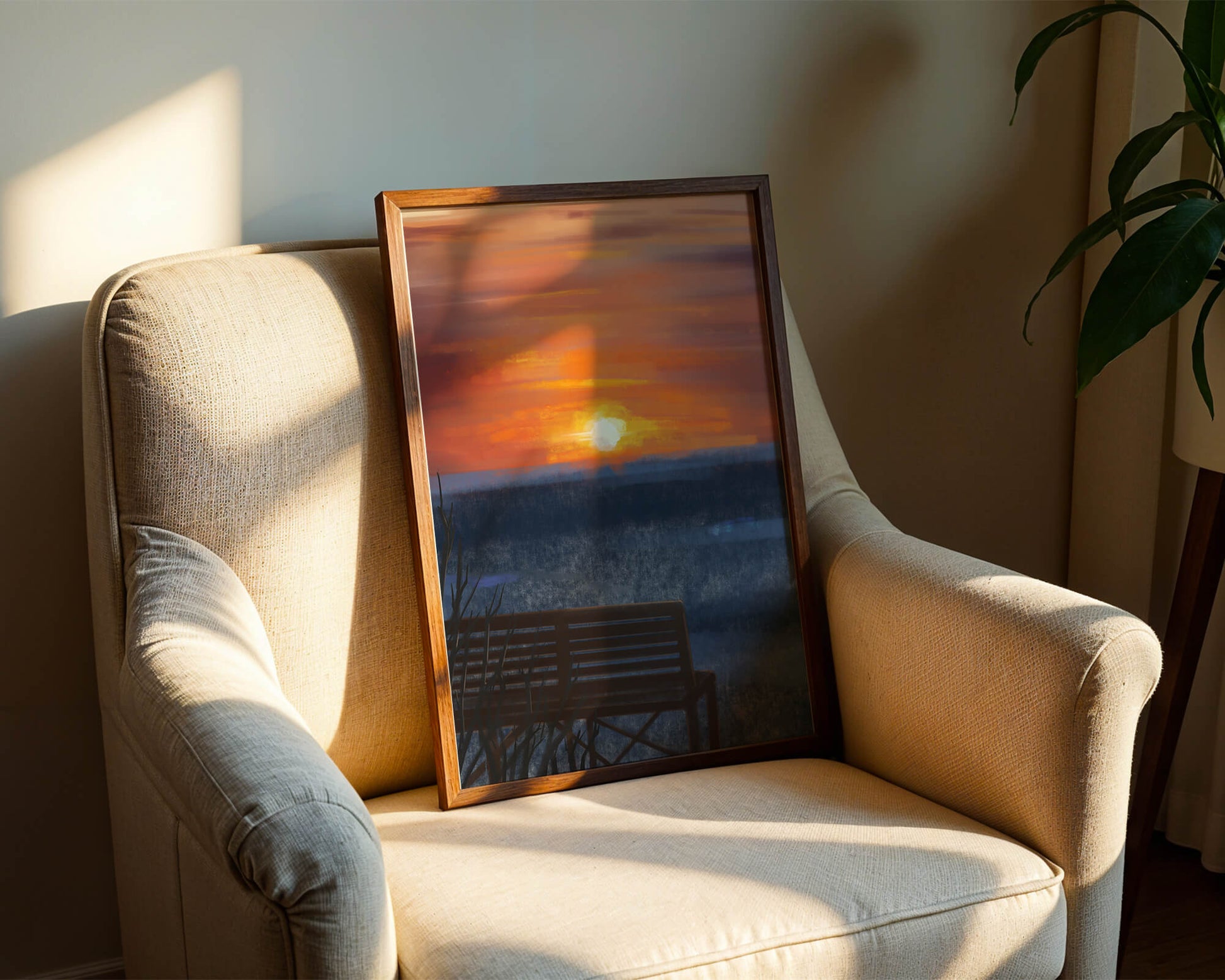 Tranquil Sunset over Ocean with a Lonely Bench