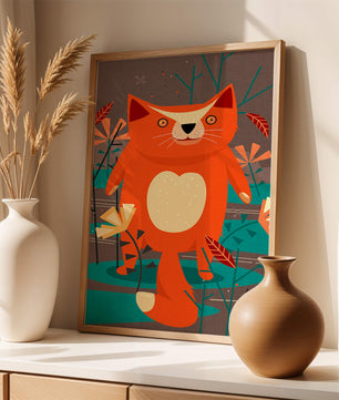 Illustration Of A Cute Orange Cat Surrounded By Stylized Trees And Plants