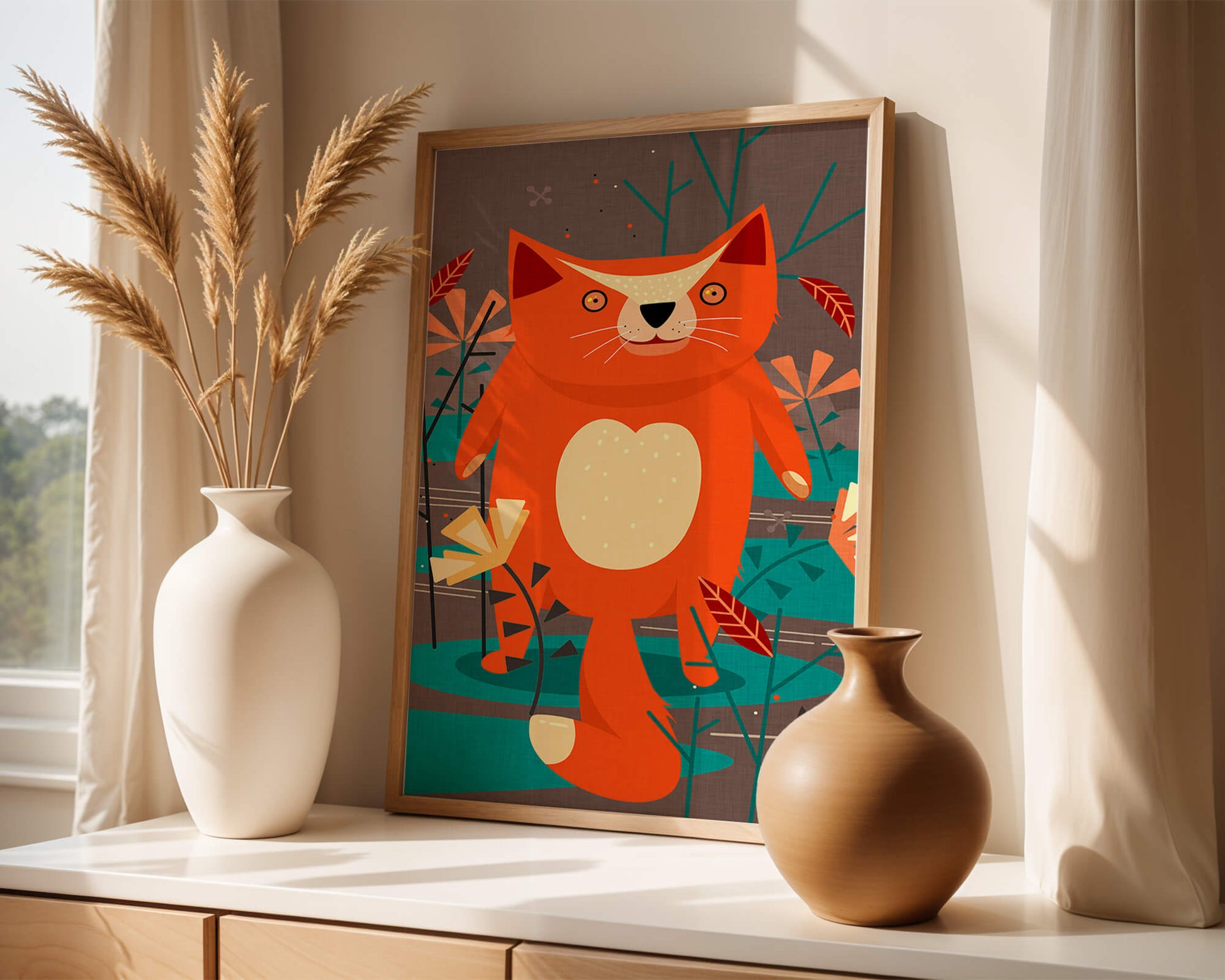 Illustration Of A Cute Orange Cat Surrounded By Stylized Trees And Plants