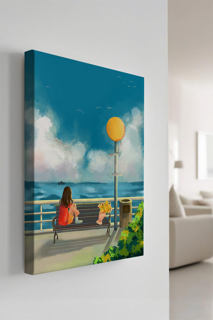 Serene waterfront scene with woman on bench facing the sea