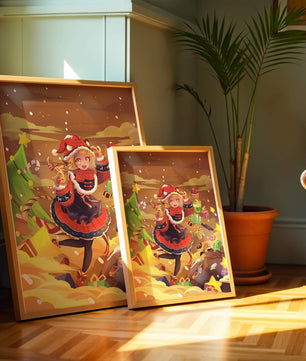 Festive anime character surrounded by gifts and holiday decor