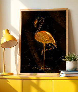 Elegant golden flamingo on abstract dark background