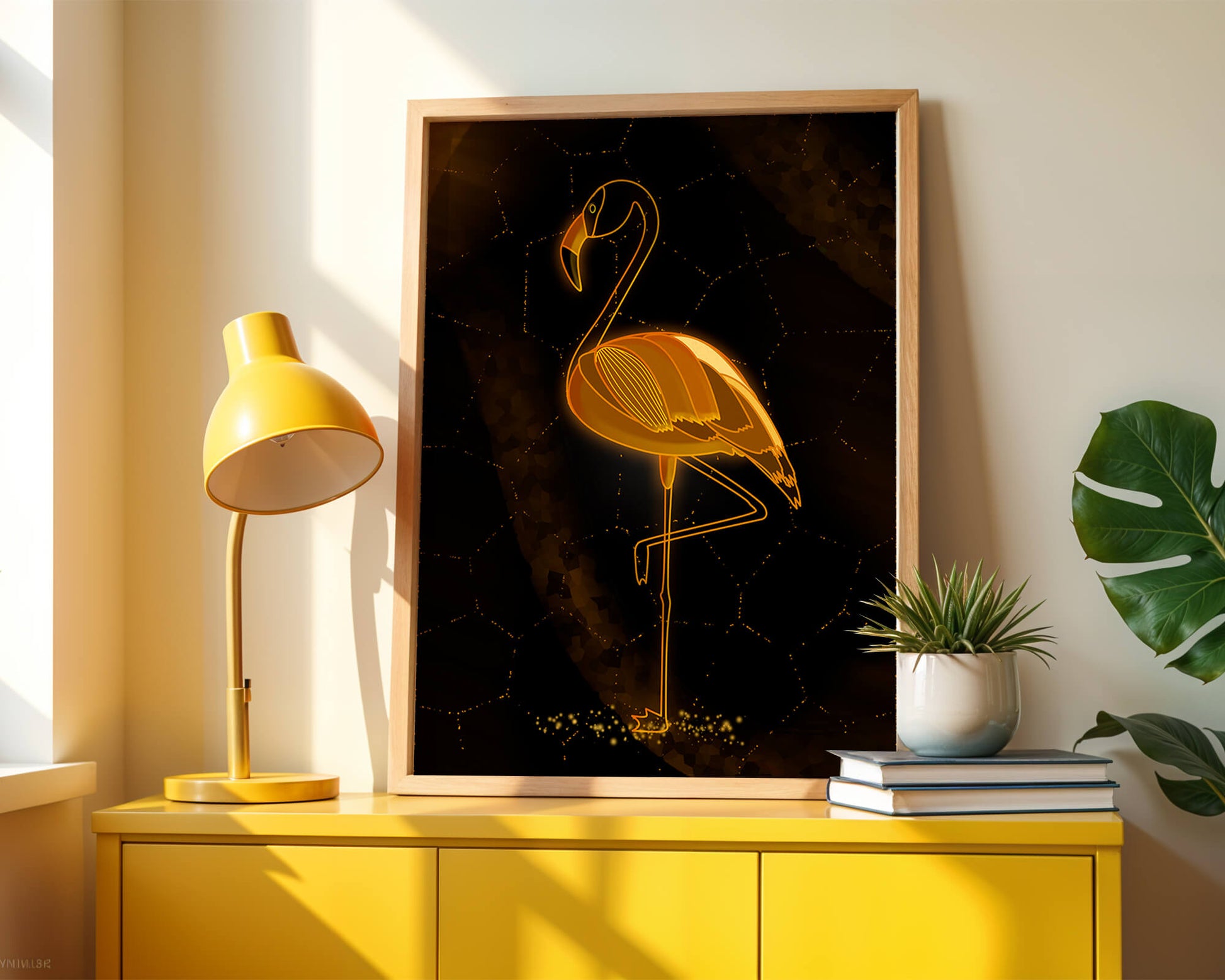 Elegant golden flamingo on abstract dark background