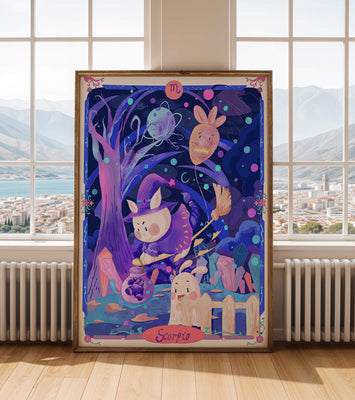 Whimsical zodiac scorpio scene with a magical theme