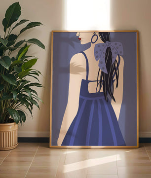 Stilvolle Illustration einer Frau mit gepunkteter Schleife und blauem Kleid