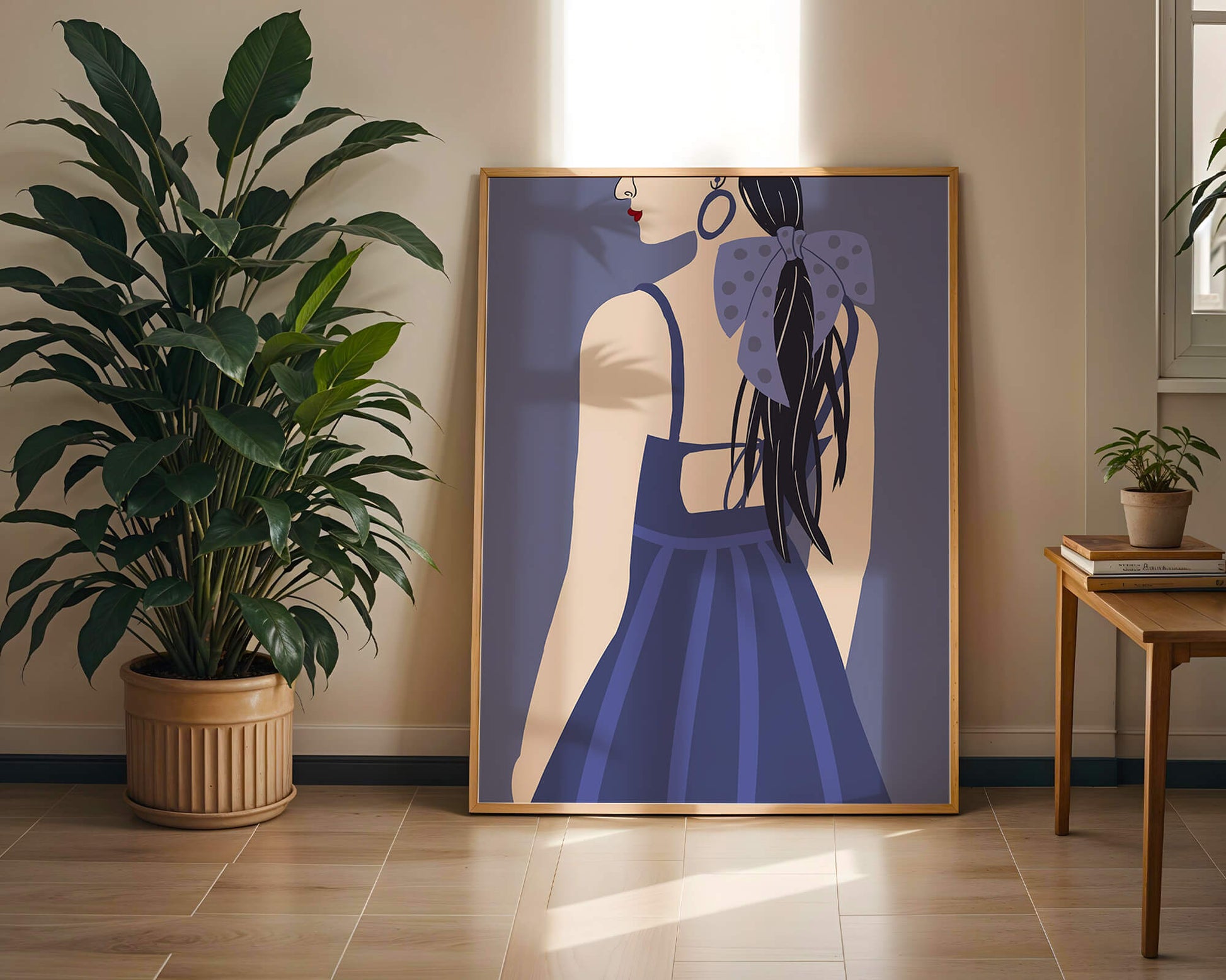 Stilvolle Illustration einer Frau mit gepunkteter Schleife und blauem Kleid