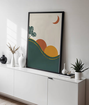 Minimalist Landscape With Mountains And Monstera Leaves At Sunset - Mi tienda