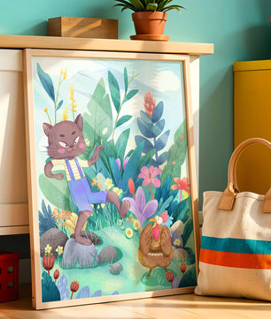 Playful Cat and Chicken in Vibrant Forest Scene Illustration