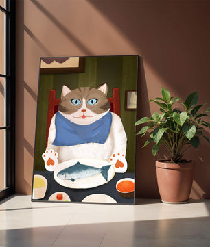Ilustración de un gato comiendo con pescado y babero azul