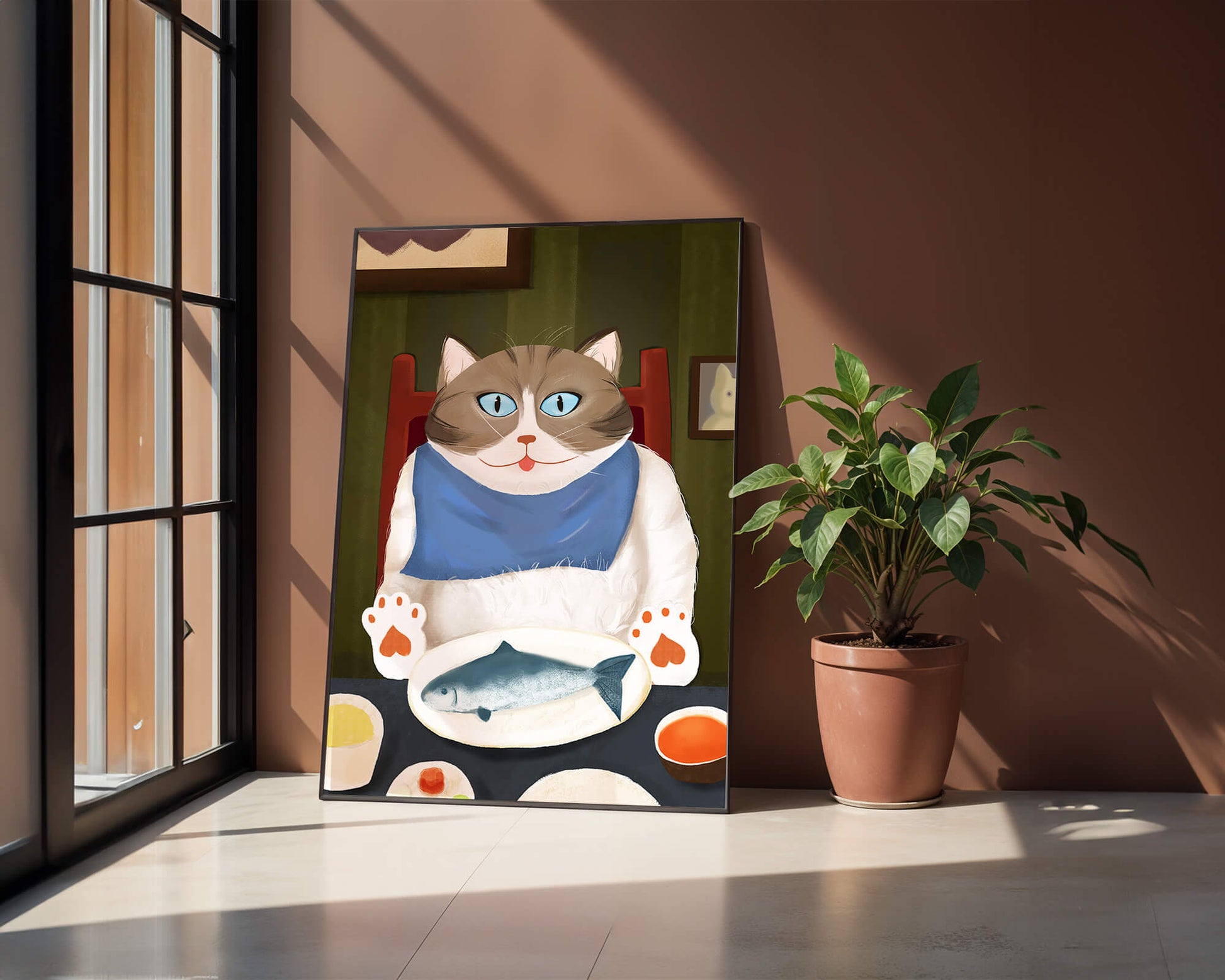 Ilustración de un gato comiendo con pescado y babero azul