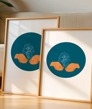Illustration of Hands Holding a Plant with Teal Background