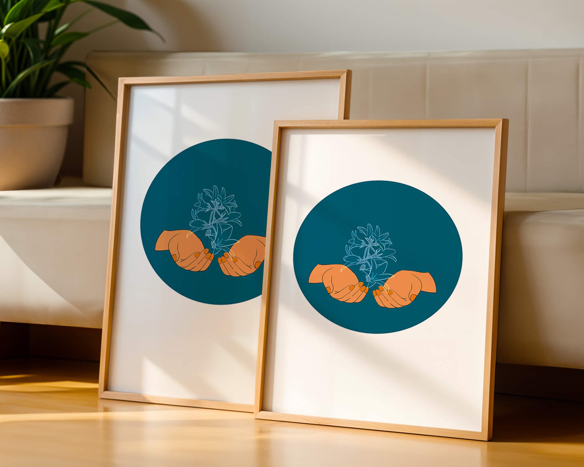 Illustration of Hands Holding a Plant with Teal Background