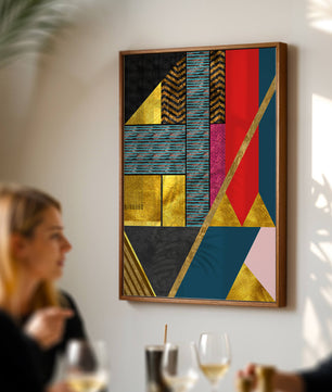 Geometric abstract art with bold colors and golden accents