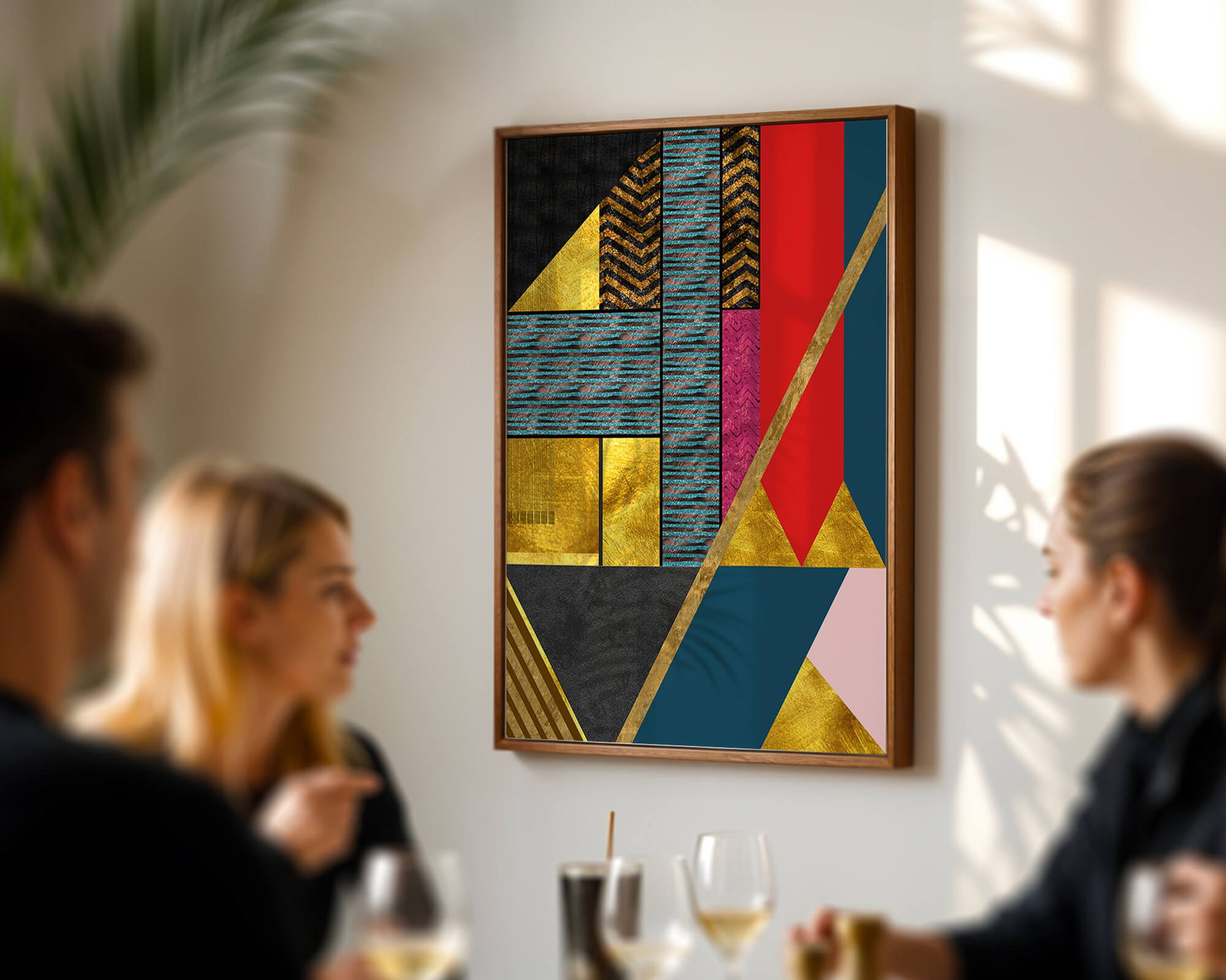 Geometric abstract art with bold colors and golden accents