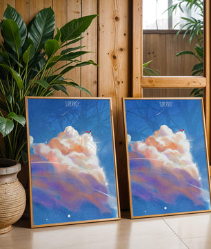 Whimsical illustration of superboy with dreamy cloudscape