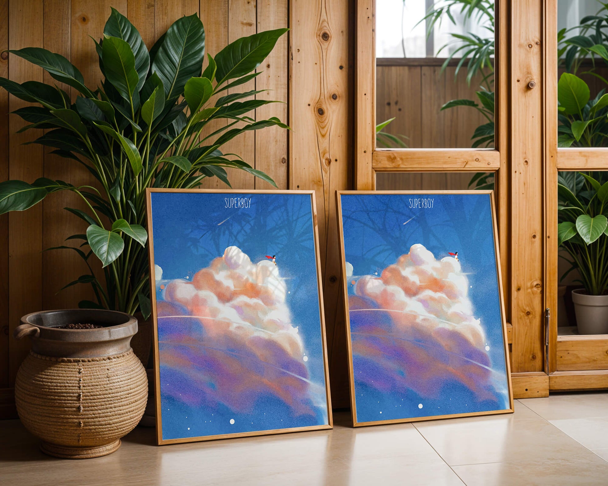 Whimsical illustration of superboy with dreamy cloudscape