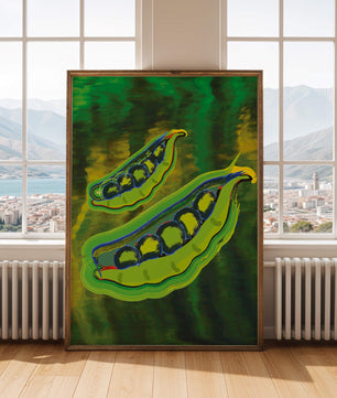 Ilustración abstracta de guisantes verdes coloridos con fondo vibrante