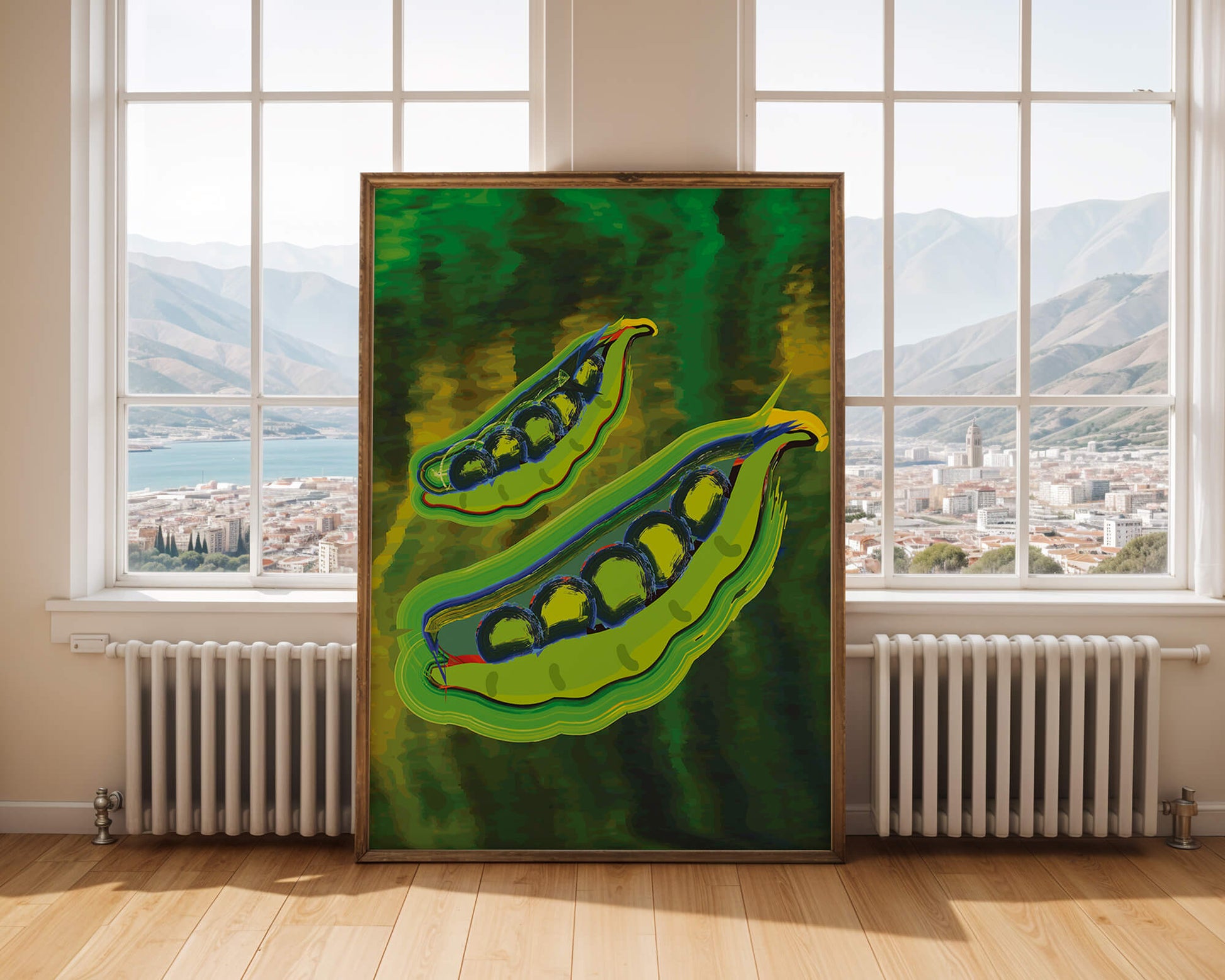 Ilustración abstracta de guisantes verdes coloridos con fondo vibrante