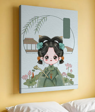 Charming illustration of a cute character in traditional Asian attire with floral elements