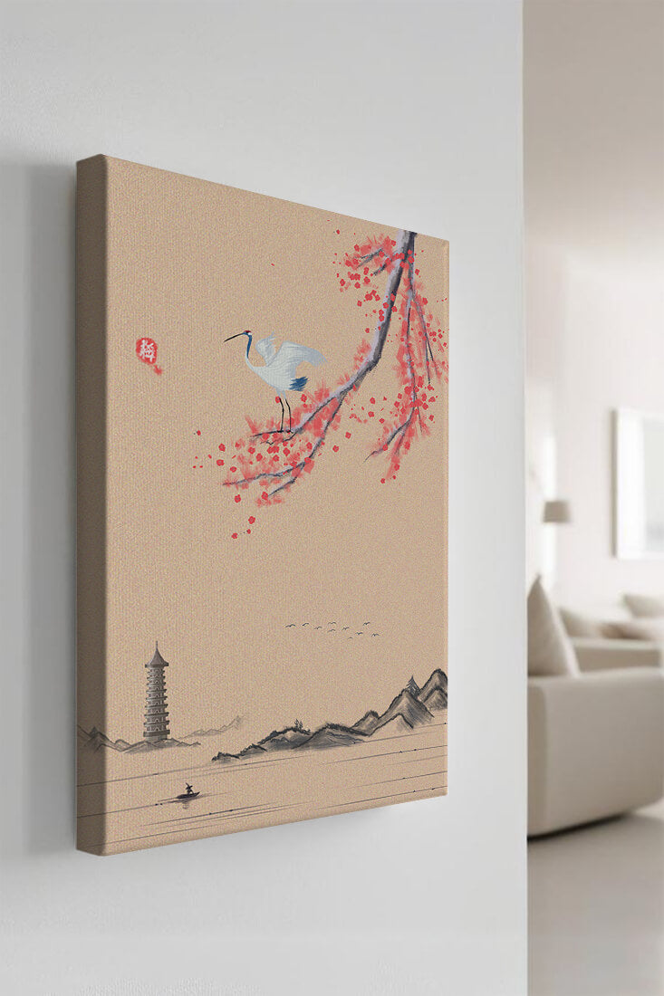 Serene landscape with crane and cherry blossom branch in East Asian style