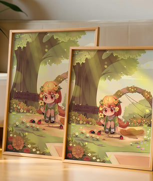 Charming anime-style scene with young girl, flowers, and nature background
