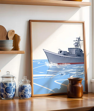 Illustrative depiction of a warship sailing on calm waters