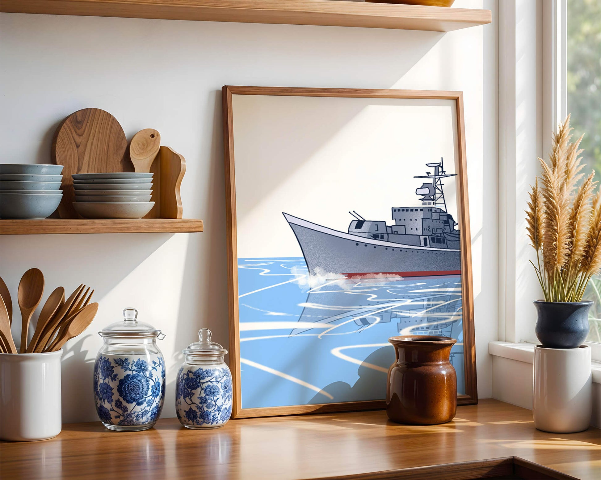 Illustrative depiction of a warship sailing on calm waters