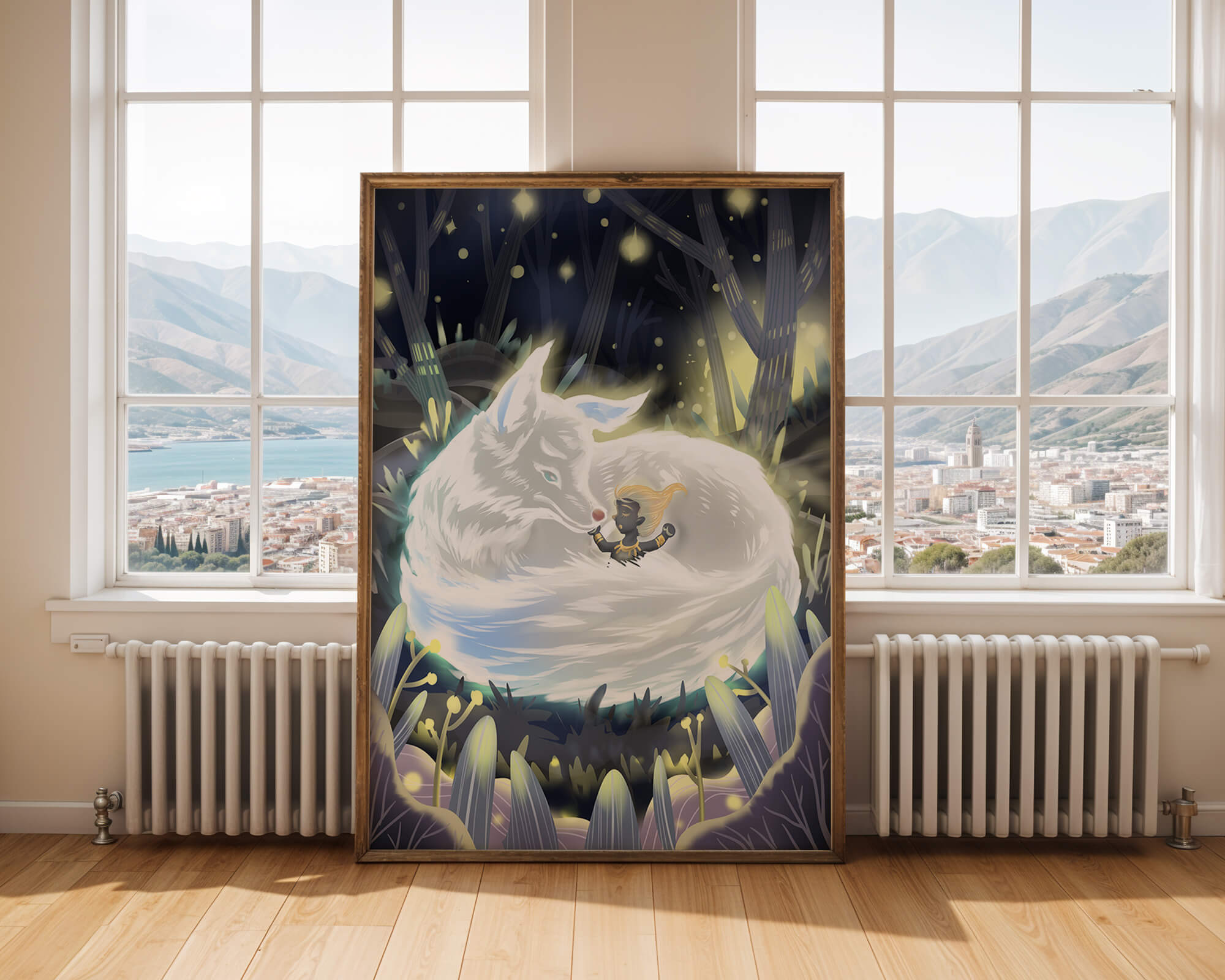 Whimsical forest scene with a sleeping wolf and a mysterious figure at night