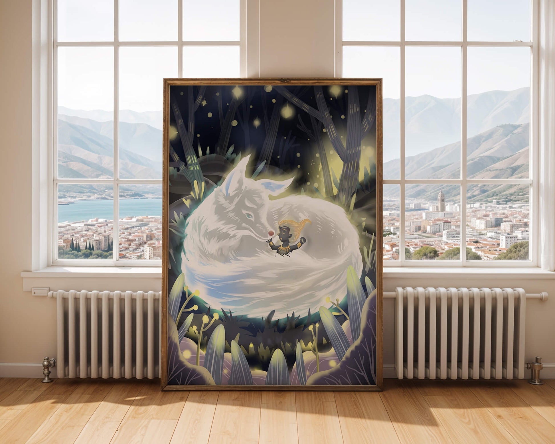 Whimsical forest scene with a sleeping wolf and a mysterious figure at night
