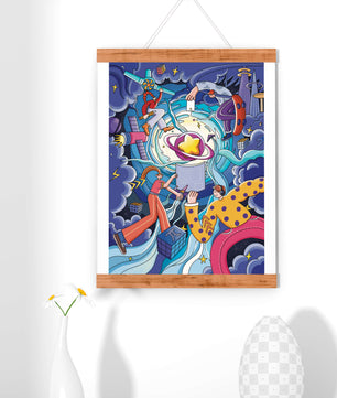 Exploration cosmique colorée avec personnages animés et formes géométriques