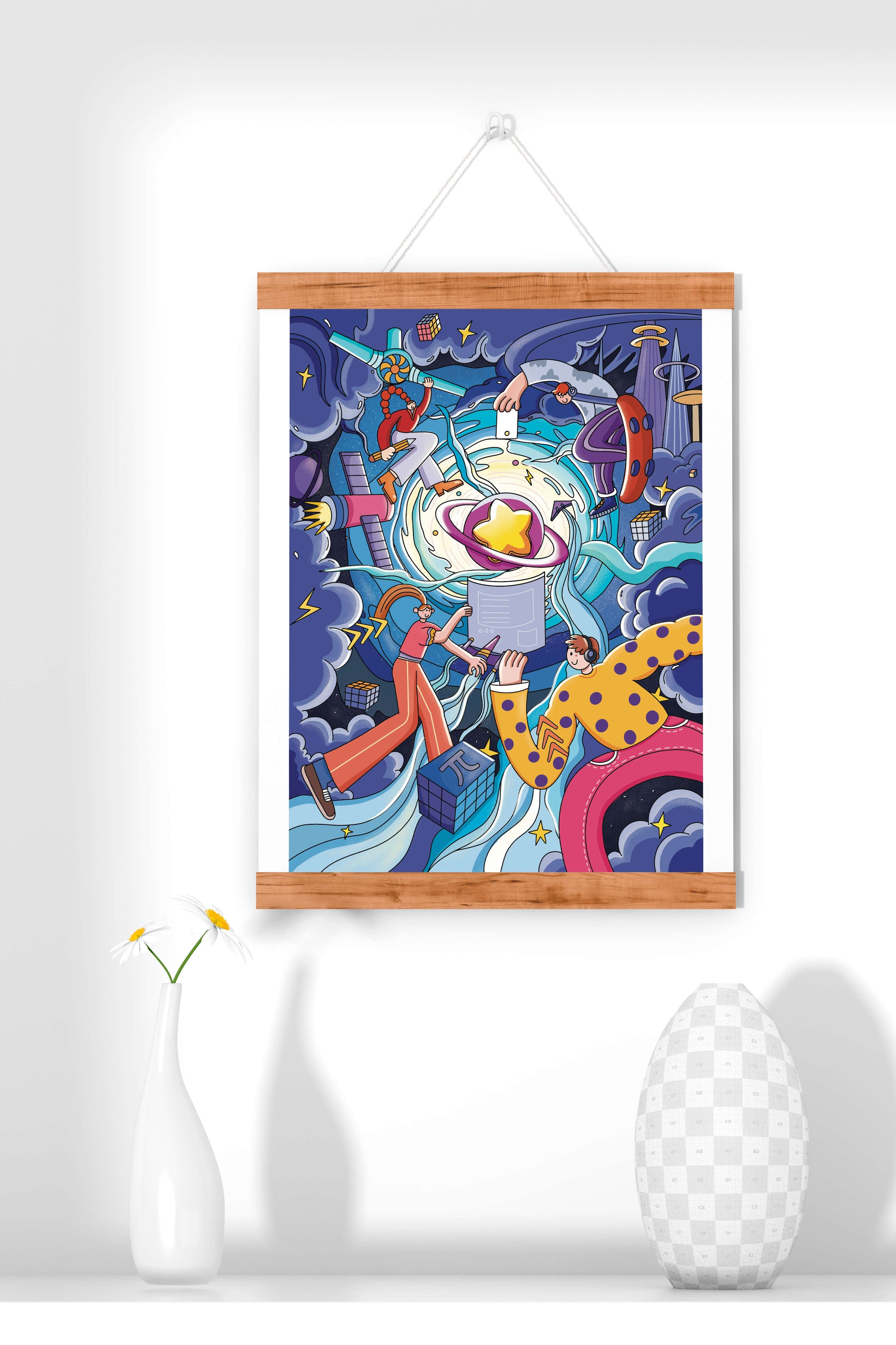 Colorful Cosmic Exploration with Animated Characters and Geometric Shapes