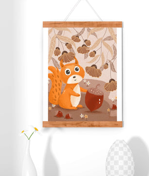 Orange Squirrel with Acorn in Autumn Forest