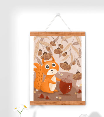 Orange Squirrel with Acorn in Autumn Forest