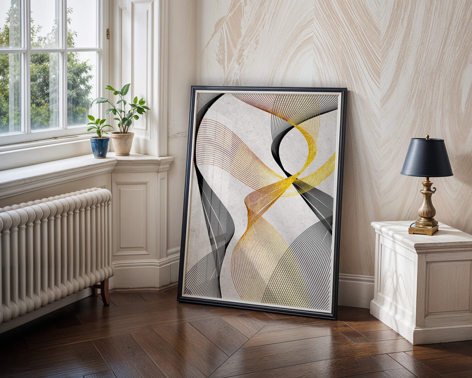 Elegant abstract waves with gold and black lines on textured background
