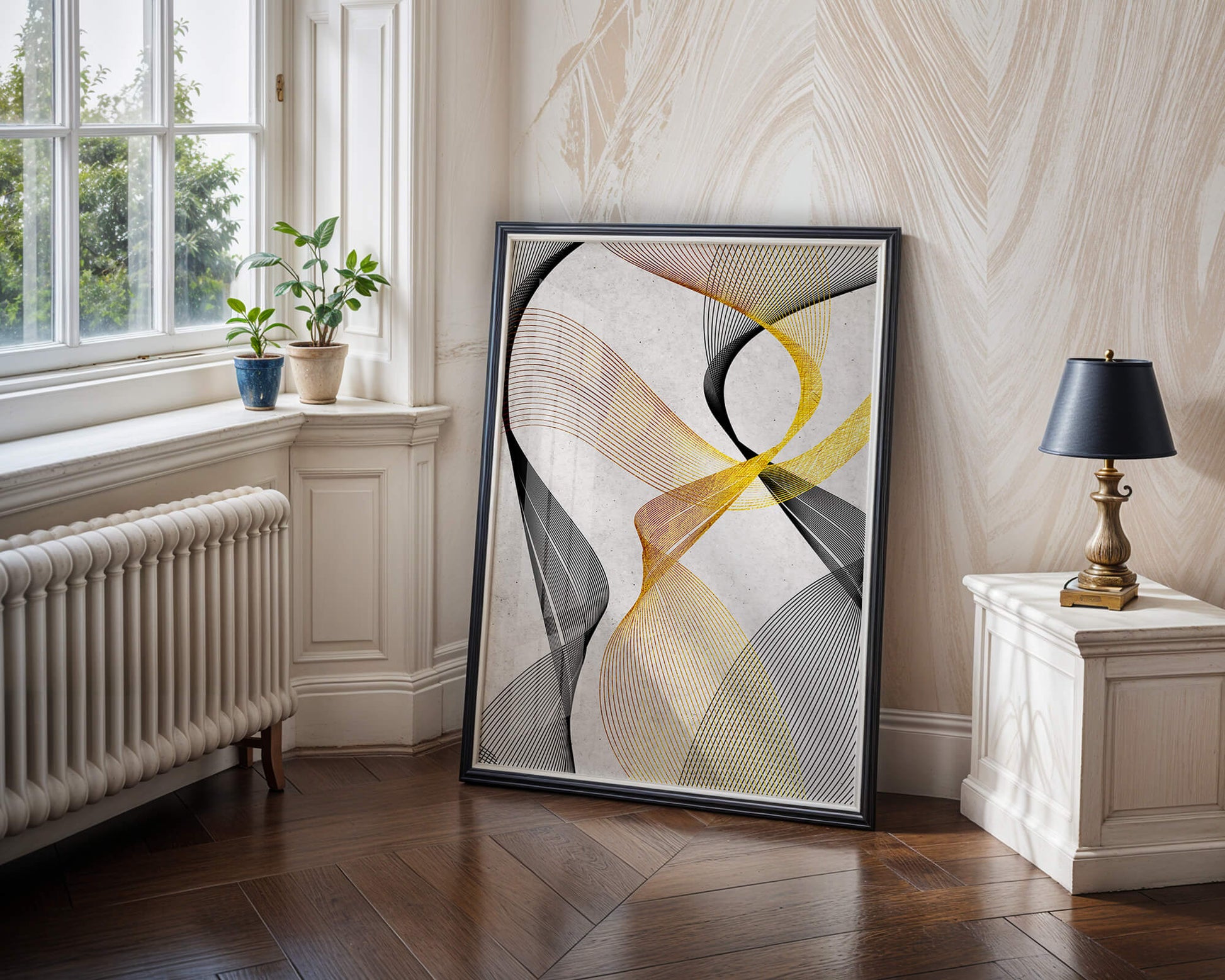 Elegant abstract waves with gold and black lines on textured background