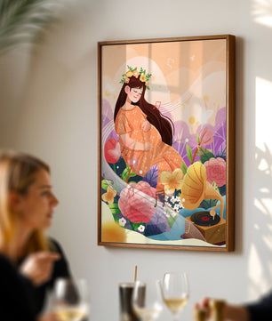 Femme dans la nature avec des fleurs et des notes de musique