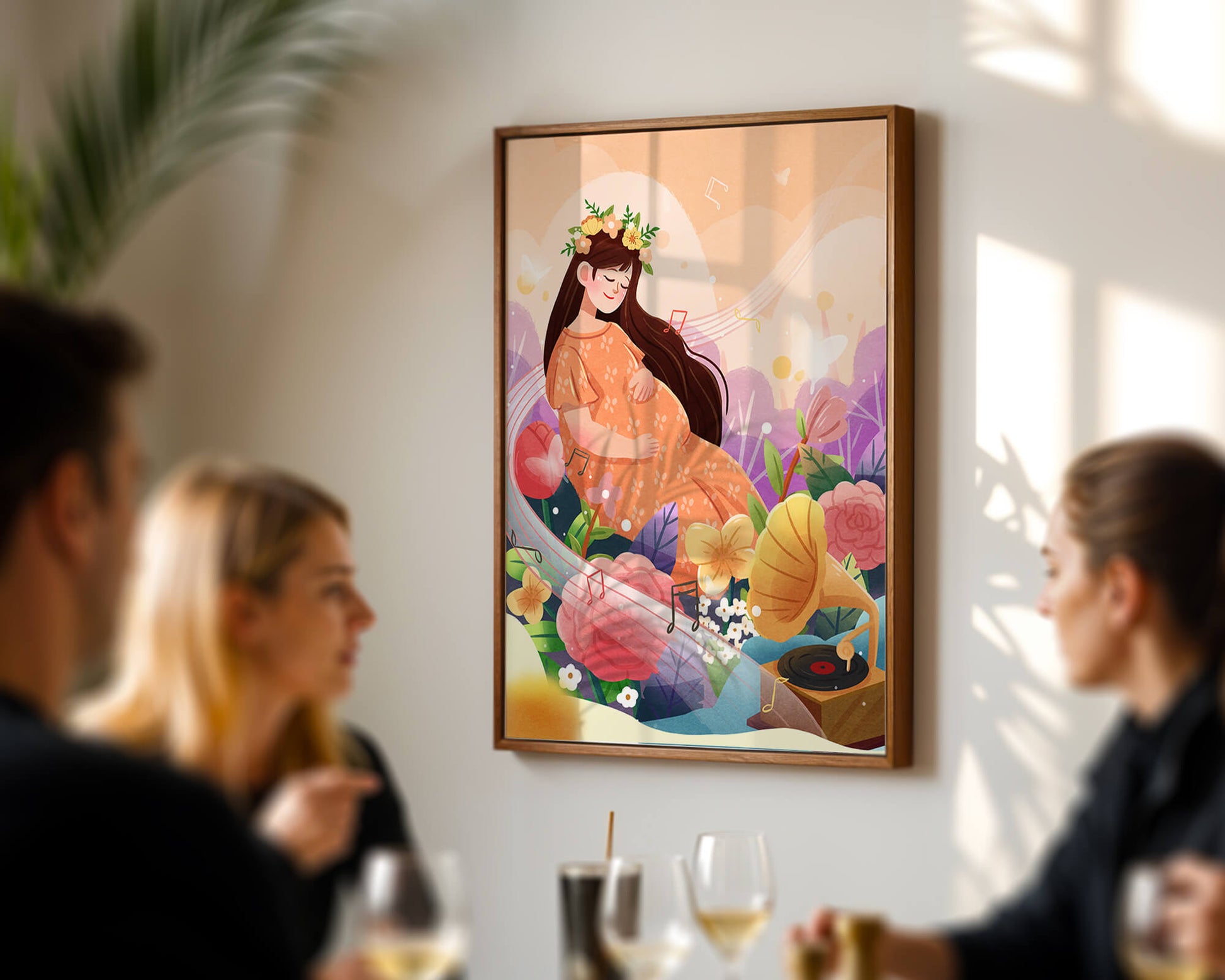 Woman in nature with flowers and musical notes